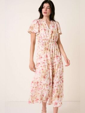 Mittoshop Flower Print Flutter Sleeve V Slit Maxi Dress
